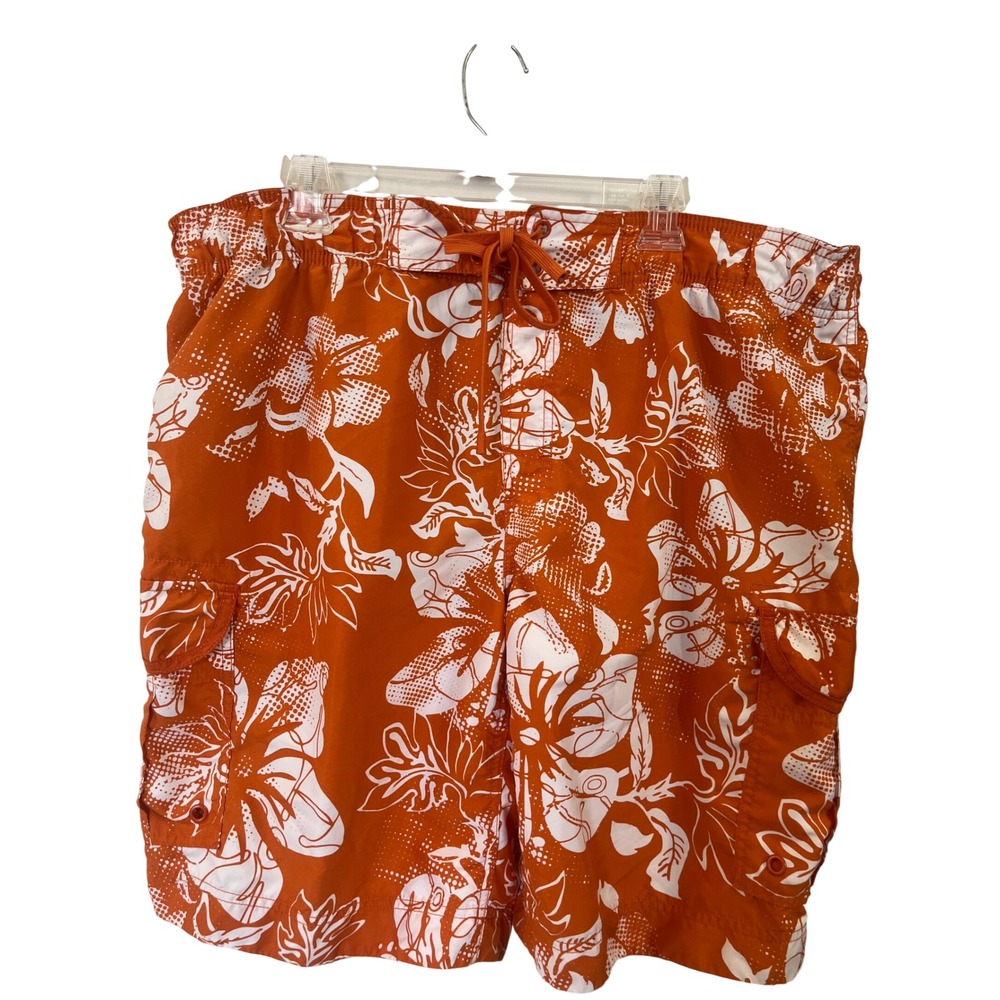 Mens Orange Tropical‎ Floral Board Shorts Cargo Swim Trunks Size Large